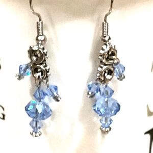 Custom Silver & Blue Swarovski Faceted Crystal Dangle Earrings NWT